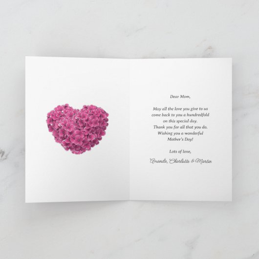 Schönes Pink Hydrangea Rustikaler Muttertag Karte (Innenseite)
