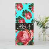 SCHÖNES PINK ROSE AQUA BLAU AQUAMARINES FLORAL MON EINLADUNG (Stehend Vorderseite)