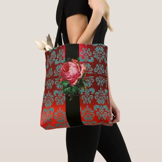 SCHÖNES PINK ROSE AQUAMARIN BLAU RED BLACK DAMASK TASCHE (Von Nahem)