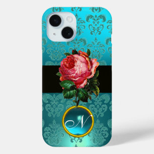SCHÖNES PINK ROSE BLUE AQUAMARIN DAMASK GEM MONOGR iPhone 15 HÜLLE