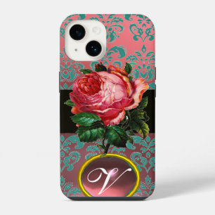 SCHÖNES PINK ROSE BLUE AQUAMARIN DAMASK GEM MONOGR iPhone 14 HÜLLE