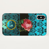 SCHÖNES PINK ROSE BLUE BLACK DAMASK GEM MONOGRAMM Case-Mate iPhone HÜLLE (Rückseite (Horizontal))