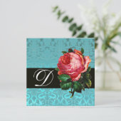 SCHÖNES PINK ROSE BLUE BLACK DAMASK MONOGRAMM EINLADUNG (Stehend Vorderseite)