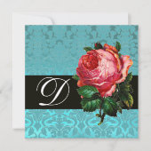 SCHÖNES PINK ROSE BLUE BLACK DAMASK MONOGRAMM EINLADUNG (Vorderseite)