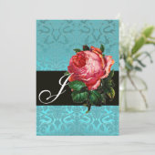 SCHÖNES PINK ROSE BLUE BLACK DAMASK MONOGRAMM EINLADUNG (Stehend Vorderseite)