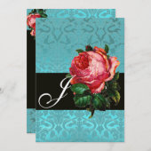 SCHÖNES PINK ROSE BLUE BLACK DAMASK MONOGRAMM EINLADUNG (Vorne/Hinten)