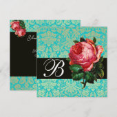 SCHÖNES PINK ROSE BLUE BLACK DAMASK MONOGRAMM EINLADUNG (Vorne/Hinten)