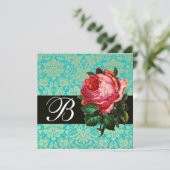 SCHÖNES PINK ROSE BLUE BLACK DAMASK MONOGRAMM EINLADUNG (Stehend Vorderseite)