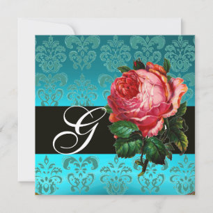 SCHÖNES PINK ROSE BLUE BLACK DAMASK MONOGRAMM EINLADUNG