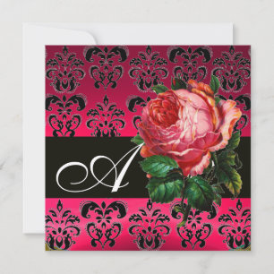 SCHÖNES PINK ROSE FUCHSIA SCHWARZ DAMASK MONOGRAMM EINLADUNG