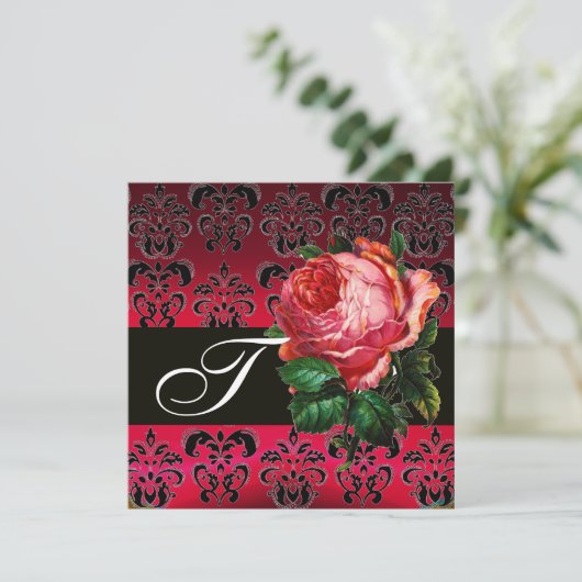 SCHÖNES PINK ROSE FUCHSIA SCHWARZ DAMASK MONOGRAMM EINLADUNG (Stehend Vorderseite)