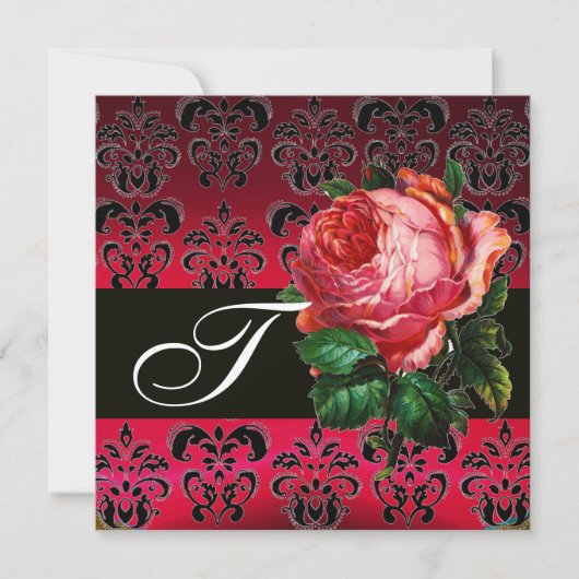 SCHÖNES PINK ROSE FUCHSIA SCHWARZ DAMASK MONOGRAMM EINLADUNG (Vorderseite)
