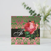 SCHÖNES PINK ROSE GREEN BLACK DAMASK MONOGRAMM EINLADUNG (Stehend Vorderseite)