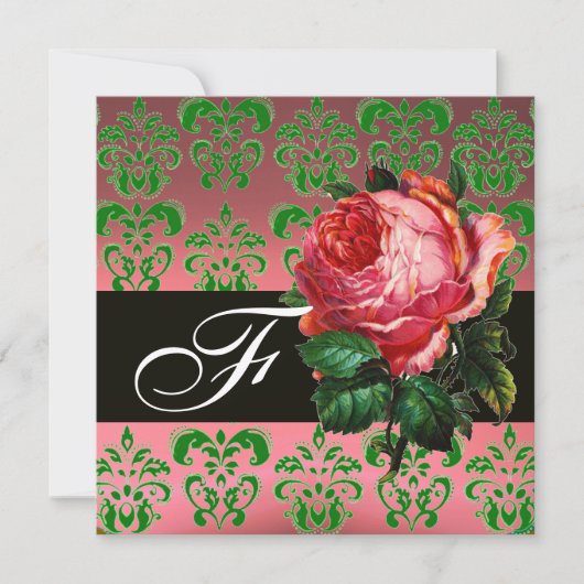 SCHÖNES PINK ROSE GREEN BLACK DAMASK MONOGRAMM EINLADUNG (Vorderseite)