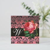 SCHÖNES PINK ROSE SCHWARZ-WEISS DAMASK MONOGRAMM EINLADUNG (Stehend Vorderseite)