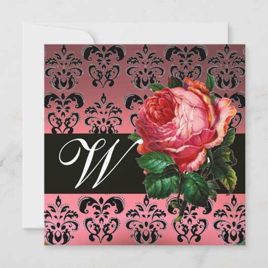 SCHÖNES PINK ROSE SCHWARZ-WEISS DAMASK MONOGRAMM EINLADUNG (Vorderseite)
