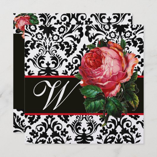 SCHÖNES PINK ROSE SCHWARZ-WEISS DAMASK MONOGRAMM EINLADUNG (Vorne/Hinten)