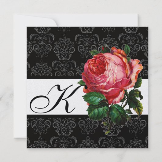 SCHÖNES PINK ROSE SCHWARZ-WEISS DAMASK MONOGRAMM EINLADUNG (Vorderseite)