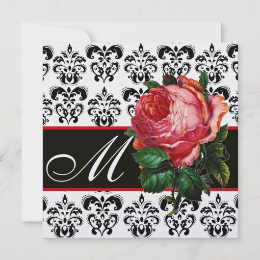 SCHÖNES PINK ROSE SCHWARZ-WEISS DAMASK MONOGRAMM EINLADUNG (Vorderseite)