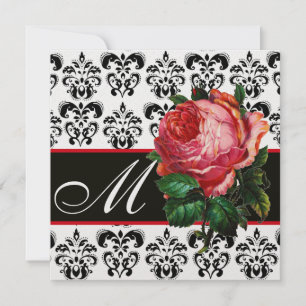 SCHÖNES PINK ROSE SCHWARZ-WEISS DAMASK MONOGRAMM EINLADUNG