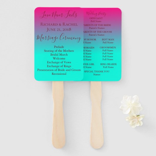 Schönes Pink und Blue Ombre Hochzeitsprogramm Fächer (Vorne und Hinten)