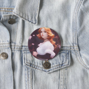 Schönes Porträt junger Mädchen unter rosa Blume Button