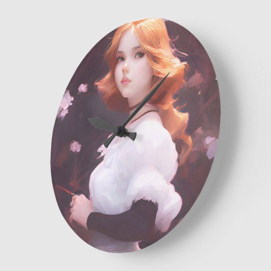 Schönes Porträt junger Mädchen unter rosa Blume Große Wanduhr (Winkel)