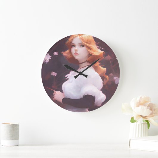 Schönes Porträt junger Mädchen unter rosa Blume Große Wanduhr (Zuhause)