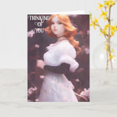 Schönes Porträt junger Mädchen unter rosa Blume Karte (Gelbe Blume)