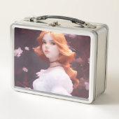 Schönes Porträt junger Mädchen unter rosa Blume Metall Brotdose (Vorderseite)