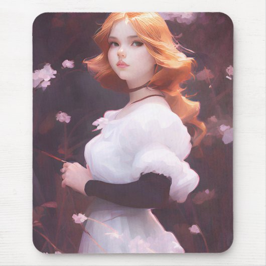 Schönes Porträt junger Mädchen unter rosa Blume Mousepad (Vorne)