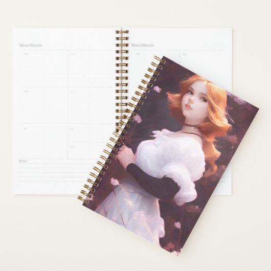 Schönes Porträt junger Mädchen unter rosa Blume Planer (Anzeige)