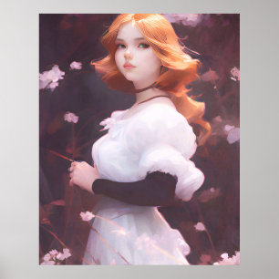 Schönes Porträt junger Mädchen unter rosa Blume Poster