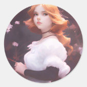 Schönes Porträt junger Mädchen unter rosa Blume Runder Aufkleber (Vorderseite)