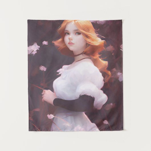 Schönes Porträt junger Mädchen unter rosa Blume Wandteppich (Vorderseite)