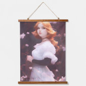 Schönes Porträt junger Mädchen unter rosa Blume Wandteppich Mit Holzrahmen (Vorderseite)