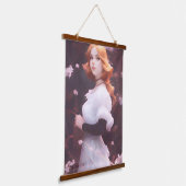 Schönes Porträt junger Mädchen unter rosa Blume Wandteppich Mit Holzrahmen (Gewinkelt)