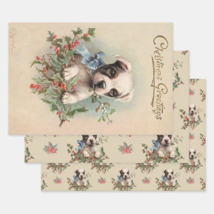Schönes Puppy Dusty Beige Vintage Weihnachtsmuster Geschenkpapier Set