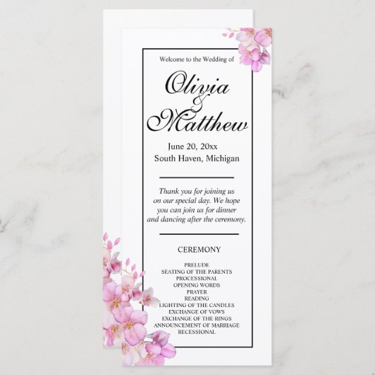 Schönes rosa Aquarellblüten Hochzeitsprogramm (Vorne/Hinten)