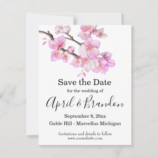 Schönes rosa Aquarellkirschenskript Save The Date (Vorderseite)