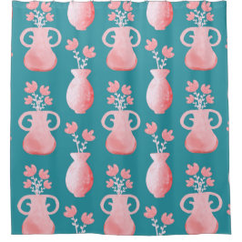 Schönes rosa Blumenmuster auf blau Duschvorhang