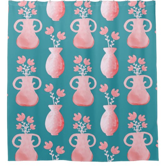 Schönes rosa Blumenmuster auf blau Duschvorhang (Vorderseite)