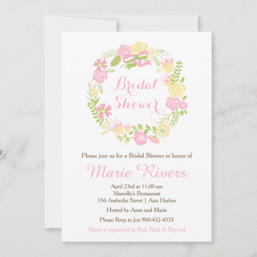 Schönes rosa Blumenreath-Brautparty Einladung (Vorderseite)