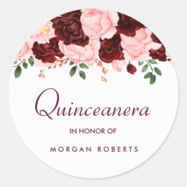 Schönes Rosa Burgund Bloral Quinceanera Runder Aufkleber