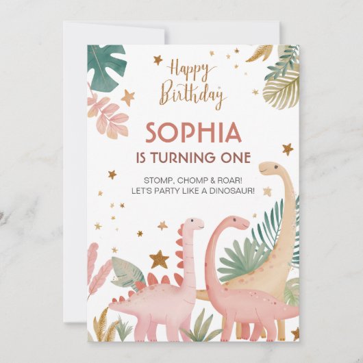 Schönes rosa Dino Einladung (Vorderseite)