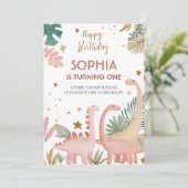 Schönes rosa Dino Einladung (Stehend Vorderseite)