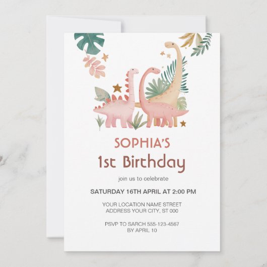 Schönes rosa Dino Einladung (Rückseite)