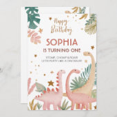 Schönes rosa Dino Einladung (Vorne/Hinten)