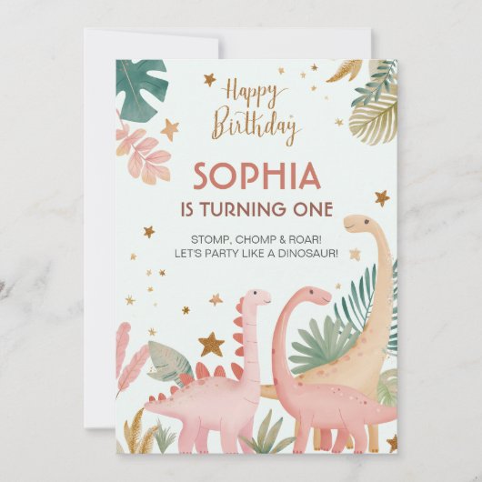 Schönes rosa Dino Einladung (Vorderseite)