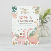 Schönes rosa Dino Einladung (Stehend Vorderseite)